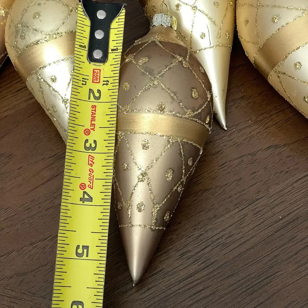 Hand Blown Gold Fluted Ornaments Glitter Lot of 6 Vtg Large Teardrop READ